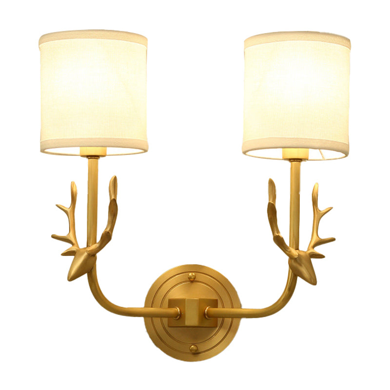 Country Style Gold Deer Wall Mounted Light with Dual Metal Heads and Cylinder Fabric Shade