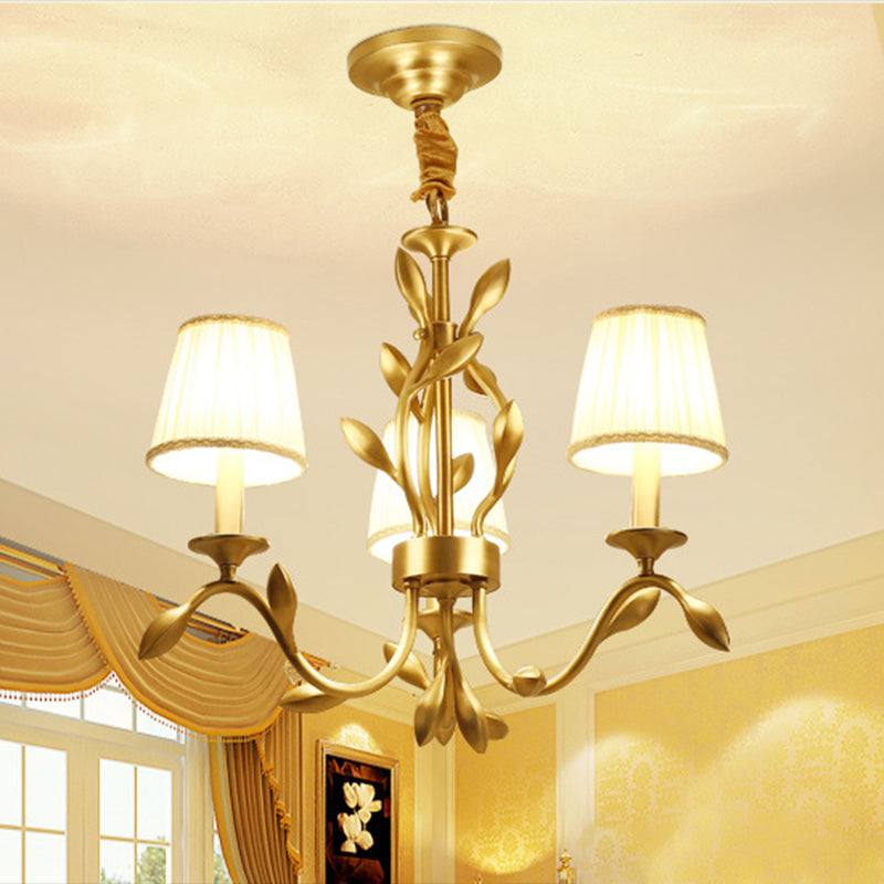 Wheat Chandelier Lighting: Farmhouse Gold Pendant with Conical Fabric Shade - 3-Head Metallic Ceiling