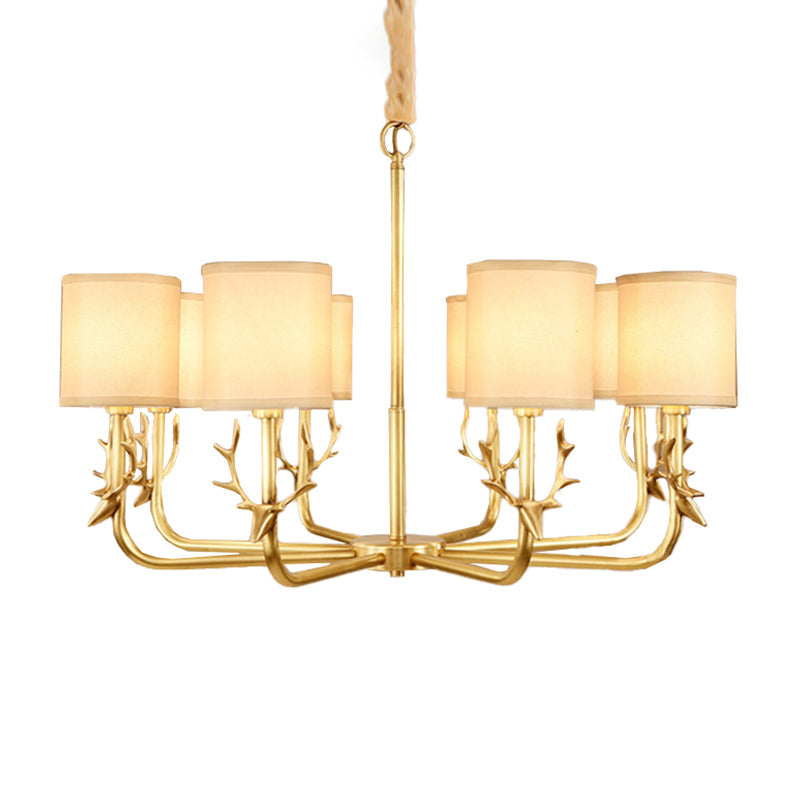 Rustic Antler Ceiling Light with Cylindrical Fabric Shade - Gold Finish, 3/6/8 Bulbs
