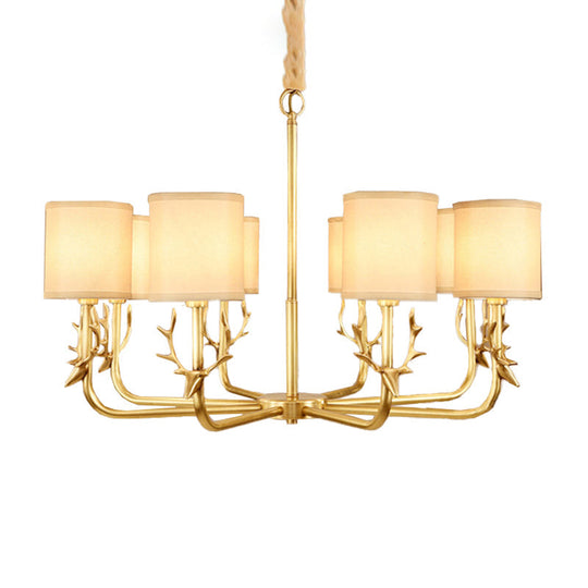 Rustic Antler Ceiling Light with Cylindrical Fabric Shade - Gold Finish, 3/6/8 Bulbs