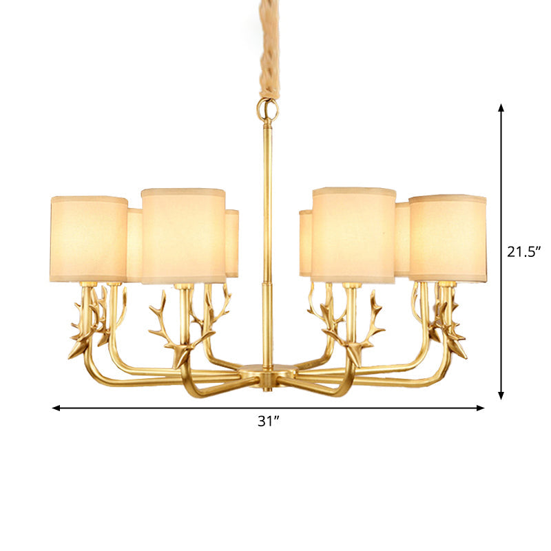 Rustic Antler Ceiling Light with Cylindrical Fabric Shade - Gold Finish, 3/6/8 Bulbs