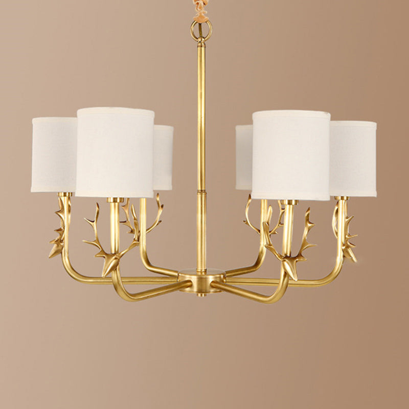 Rustic Antler Ceiling Light with Cylindrical Fabric Shade - Gold Finish, 3/6/8 Bulbs