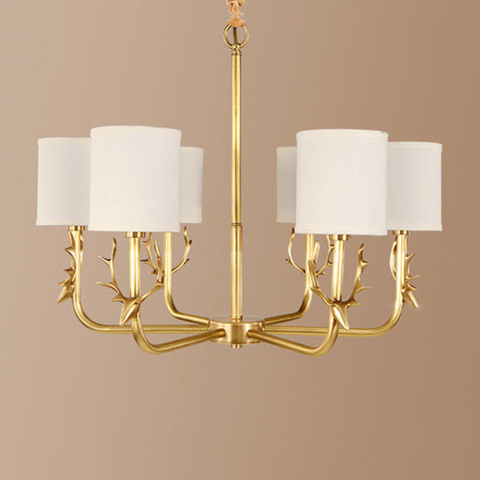 Rustic Antler Ceiling Light with Cylindrical Fabric Shade - Gold Finish, 3/6/8 Bulbs