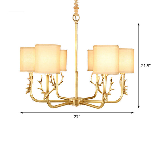 Rustic Antler Ceiling Light with Cylindrical Fabric Shade - Gold Finish, 3/6/8 Bulbs