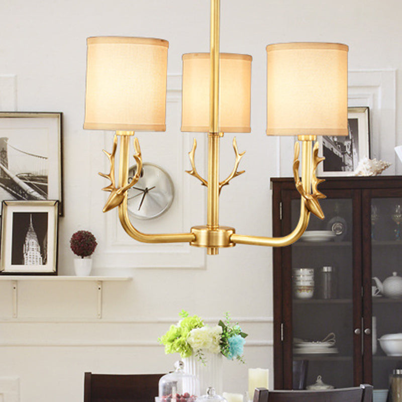 Rustic Antler Ceiling Light with Cylindrical Fabric Shade - Gold Finish, 3/6/8 Bulbs