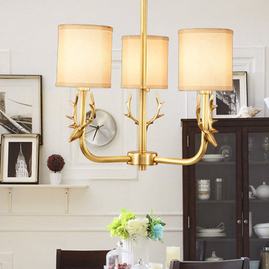 Rustic Antler Ceiling Light with Cylindrical Fabric Shade - Gold Finish, 3/6/8 Bulbs