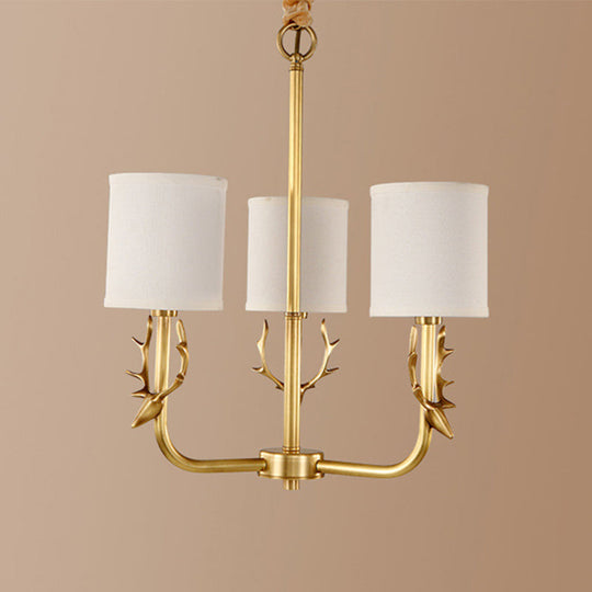 Rustic Antler Ceiling Light with Cylindrical Fabric Shade - Gold Finish, 3/6/8 Bulbs