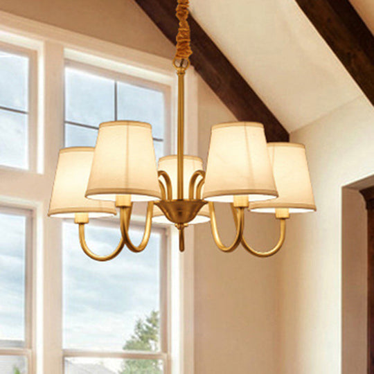 Traditional Conical Living Room Chandelier with Gold Swoop Arm - Fabric 5/6/8-Light Hanging Lamp