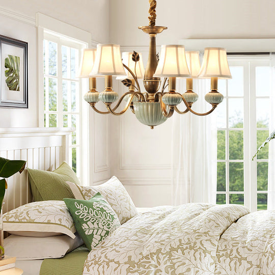 White Paneled Bell Shade Pendant Lamp - Fabric 6-Head Ceiling Chandelier for Rural Bedroom