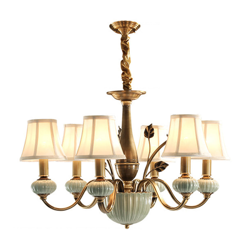 White Paneled Bell Shade Pendant Lamp - Fabric 6-Head Ceiling Chandelier for Rural Bedroom