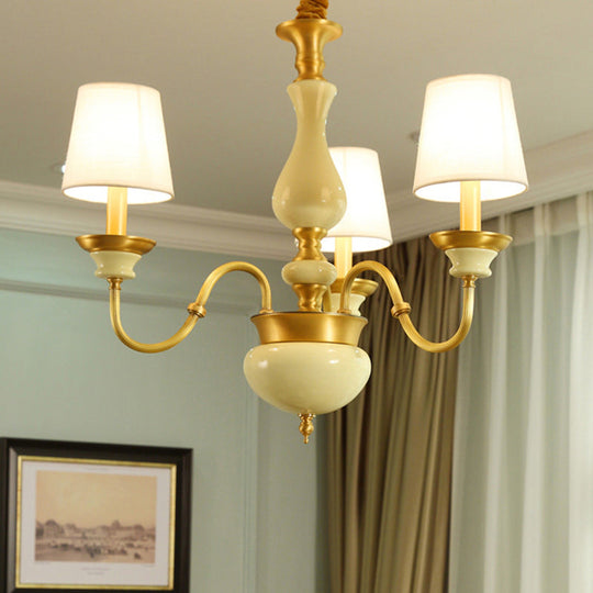 Countryside Ceramic Candelabra Chandelier Pendant Lamp with Fabric Cone Shade - 3/6/8-Bulb Bedroom Lighting