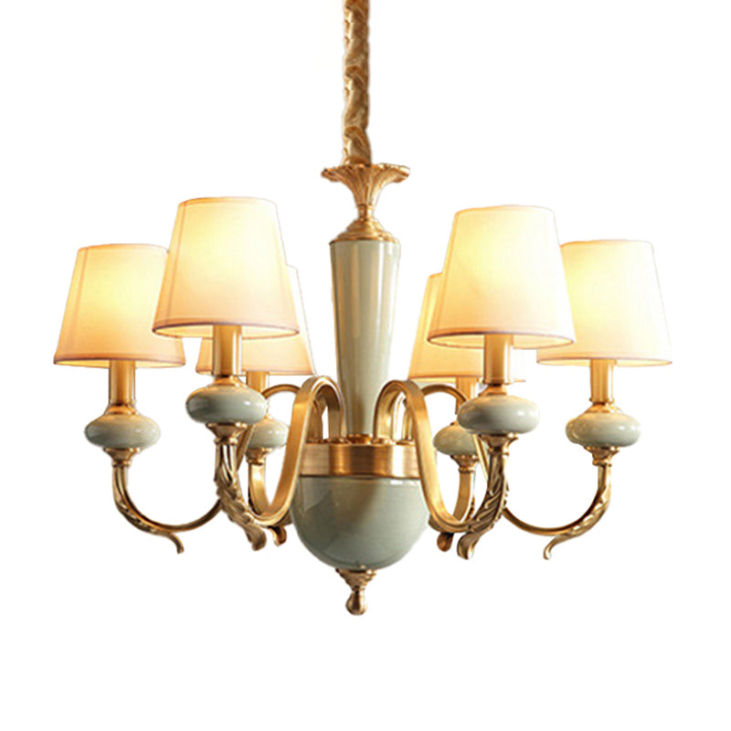 Country Gold Fabric Chandelier - 6 Heads Conical Suspension Light for Dining Room with Elegant Ceramic Accent