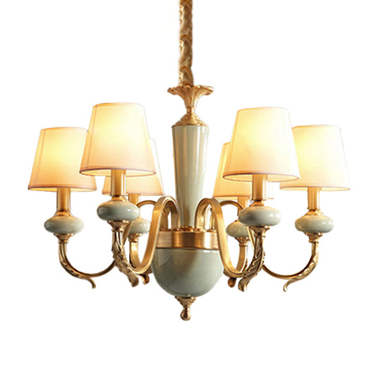 Country Gold Fabric Chandelier - 6 Heads Conical Suspension Light for Dining Room with Elegant Ceramic Accent
