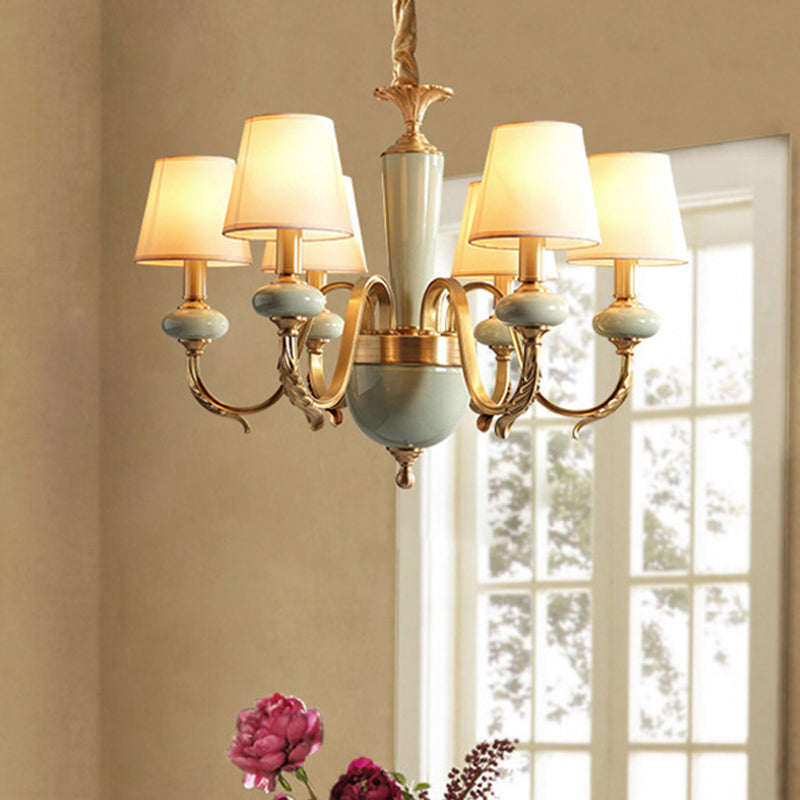Country Gold Fabric Chandelier - 6 Heads Conical Suspension Light for Dining Room with Elegant Ceramic Accent