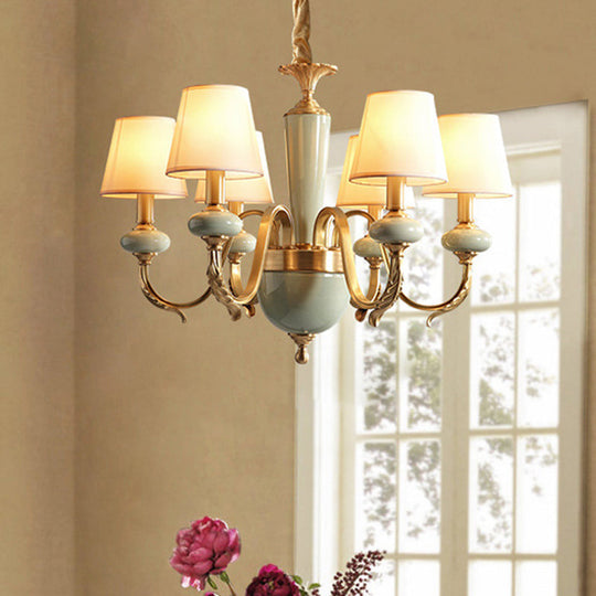 Country Gold Fabric Chandelier - 6 Heads Conical Suspension Light for Dining Room with Elegant Ceramic Accent
