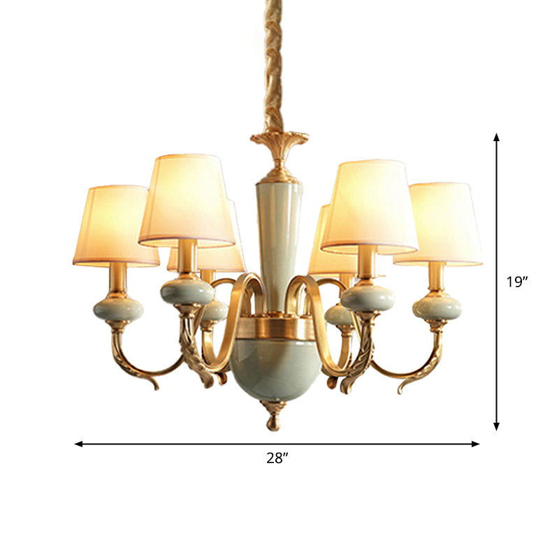 Country Gold Fabric Chandelier - 6 Heads Conical Suspension Light for Dining Room with Elegant Ceramic Accent