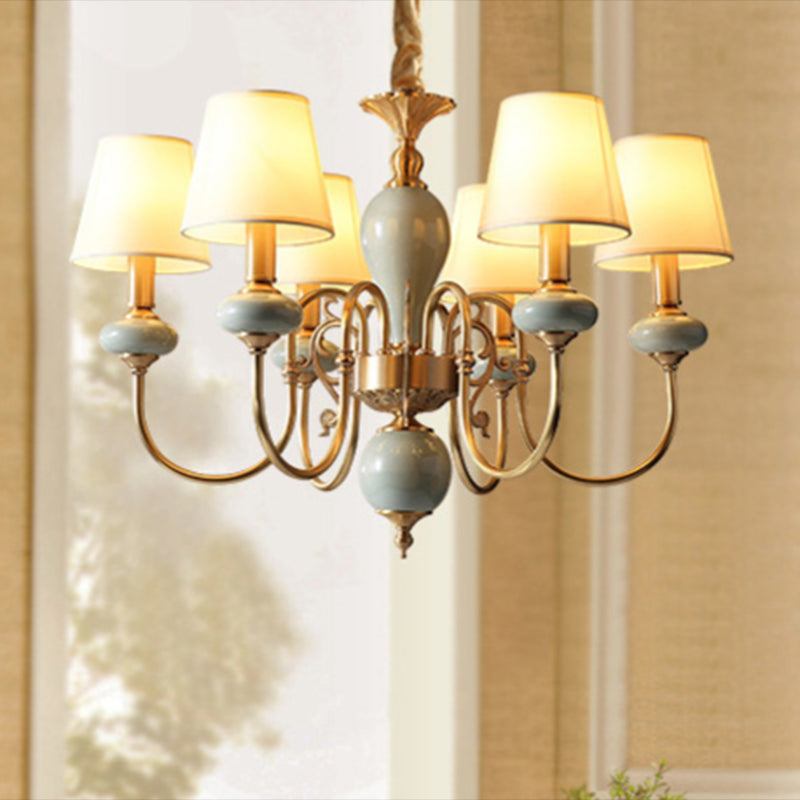 Country Gold Fabric Chandelier - 6 Heads Conical Suspension Light for Dining Room with Elegant Ceramic Accent