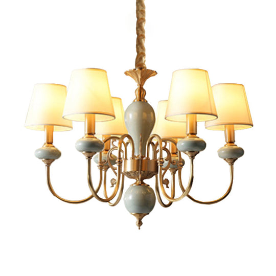 Country Gold Fabric Chandelier - 6 Heads Conical Suspension Light for Dining Room with Elegant Ceramic Accent