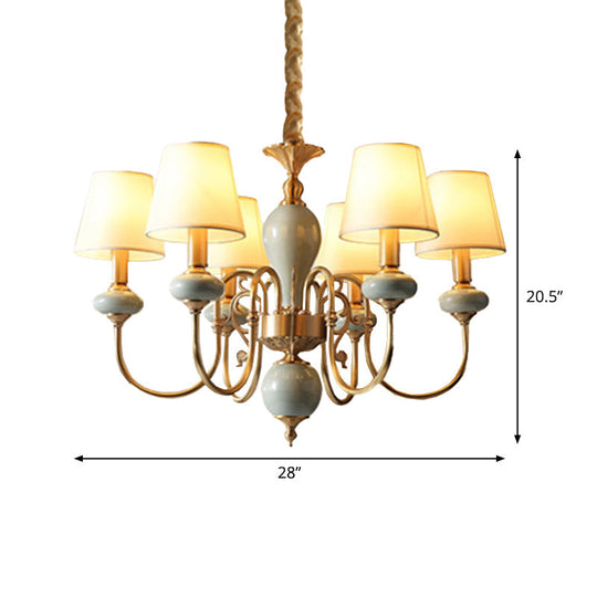 Country Gold Fabric Chandelier - 6 Heads Conical Suspension Light for Dining Room with Elegant Ceramic Accent