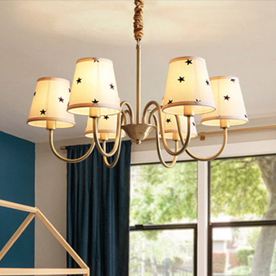 Rustic Star Patterned Chandelier in Gold - Conical Fabric Design, 3/5/6 Lights - Ideal for Bedroom Ceiling