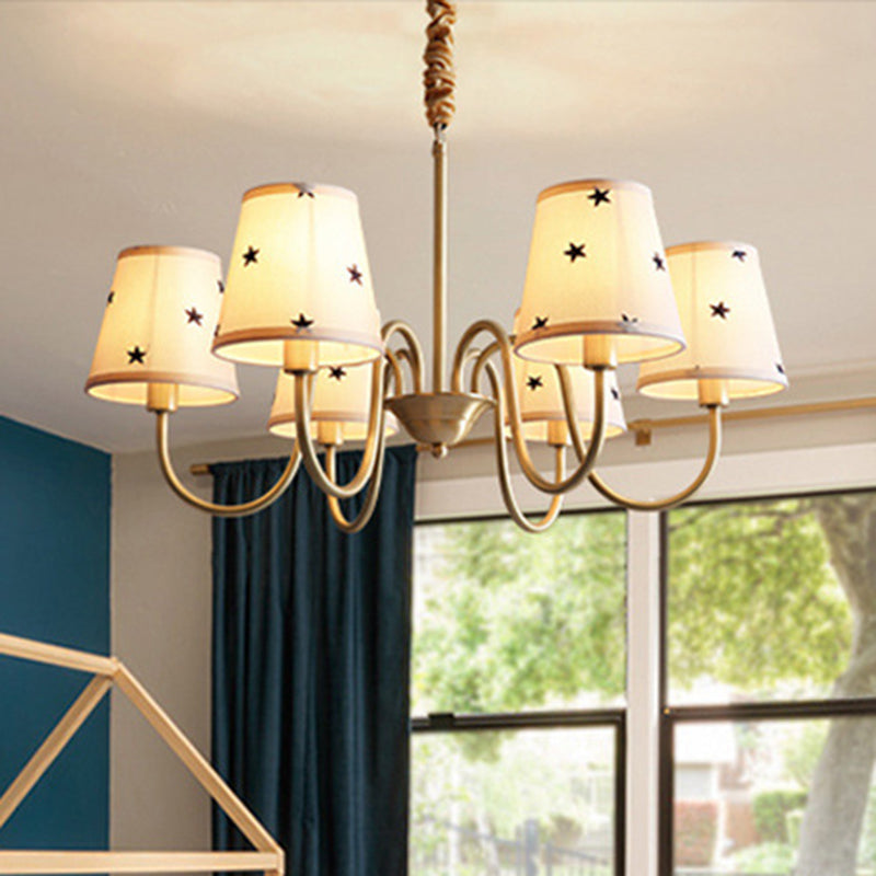 Rustic Star Patterned Chandelier in Gold - Conical Fabric Design, 3/5/6 Lights - Ideal for Bedroom Ceiling