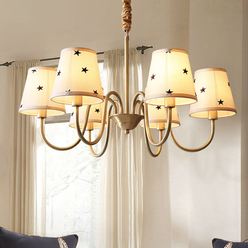 Rustic Star Patterned Chandelier in Gold - Conical Fabric Design, 3/5/6 Lights - Ideal for Bedroom Ceiling