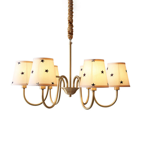 Rustic Star Patterned Chandelier in Gold - Conical Fabric Design, 3/5/6 Lights - Ideal for Bedroom Ceiling