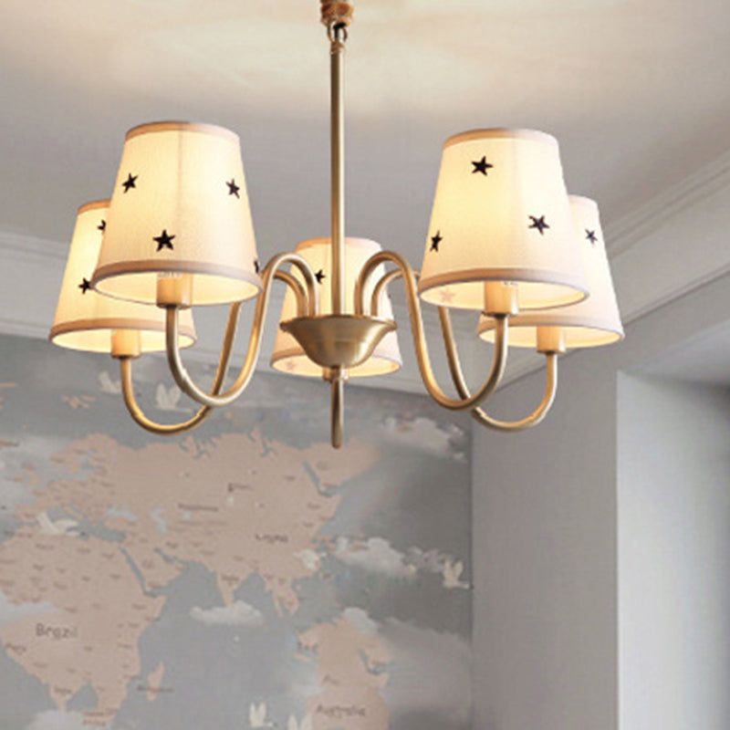 Rustic Star Patterned Chandelier in Gold - Conical Fabric Design, 3/5/6 Lights - Ideal for Bedroom Ceiling