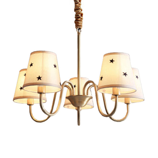 Rustic Star Patterned Chandelier in Gold - Conical Fabric Design, 3/5/6 Lights - Ideal for Bedroom Ceiling