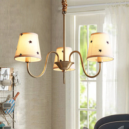 Rustic Star Patterned Chandelier in Gold - Conical Fabric Design, 3/5/6 Lights - Ideal for Bedroom Ceiling