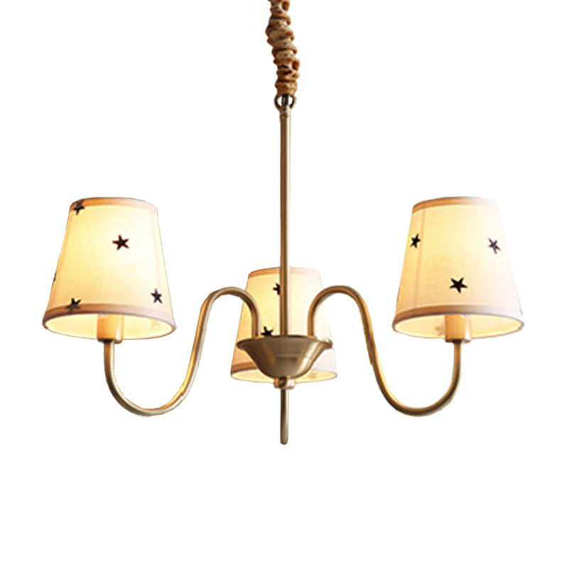 Rustic Star Patterned Chandelier in Gold - Conical Fabric Design, 3/5/6 Lights - Ideal for Bedroom Ceiling