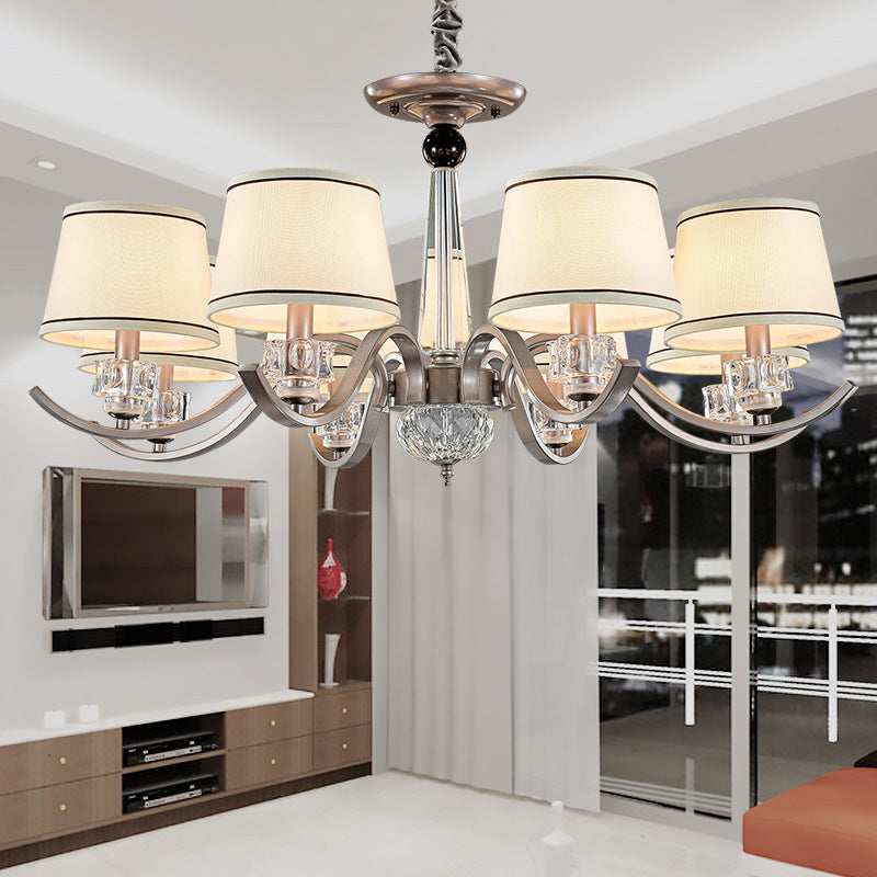 Country Style White Chandelier Pendant Light for Living Room - Fabric Tapered Design, 3/6/8-Bulb Ceiling Fixture