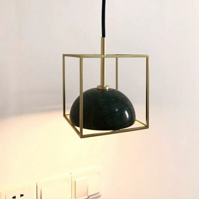 Marble Ceiling Pendant: Nordic Black/White/Green Dome Bedside Down Lighting with Brass Square Frame