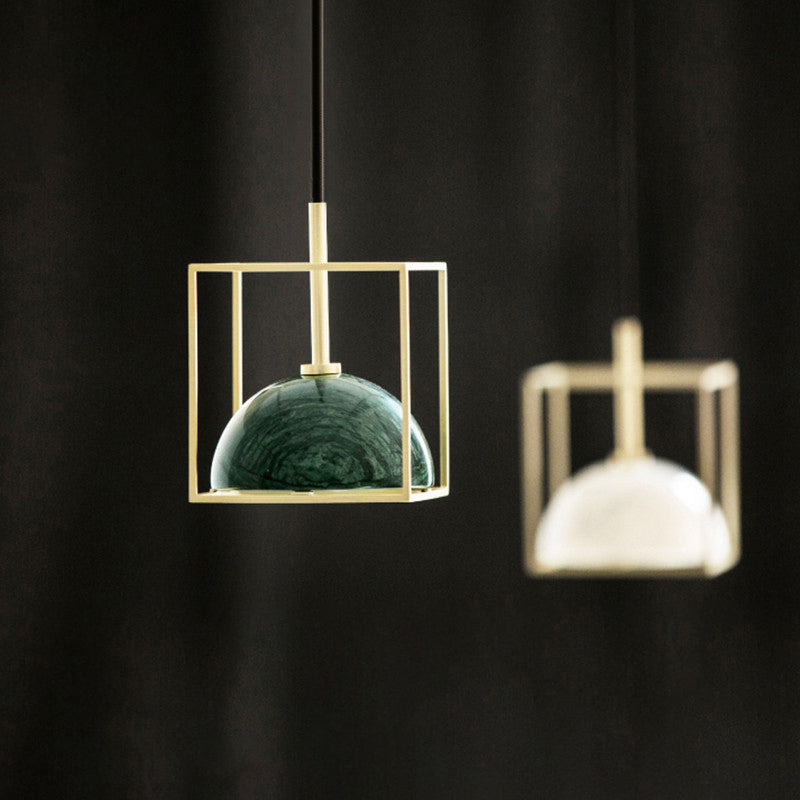 Marble Ceiling Pendant: Nordic Black/White/Green Dome Bedside Down Lighting with Brass Square Frame
