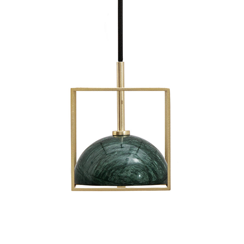 Marble Ceiling Pendant: Nordic Black/White/Green Dome Bedside Down Lighting with Brass Square Frame