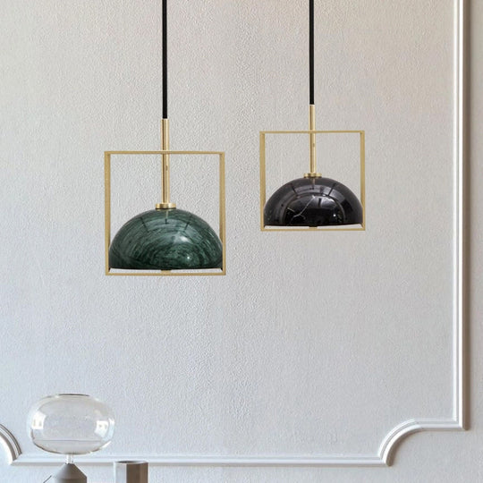 Marble Ceiling Pendant: Nordic Black/White/Green Dome Bedside Down Lighting with Brass Square Frame
