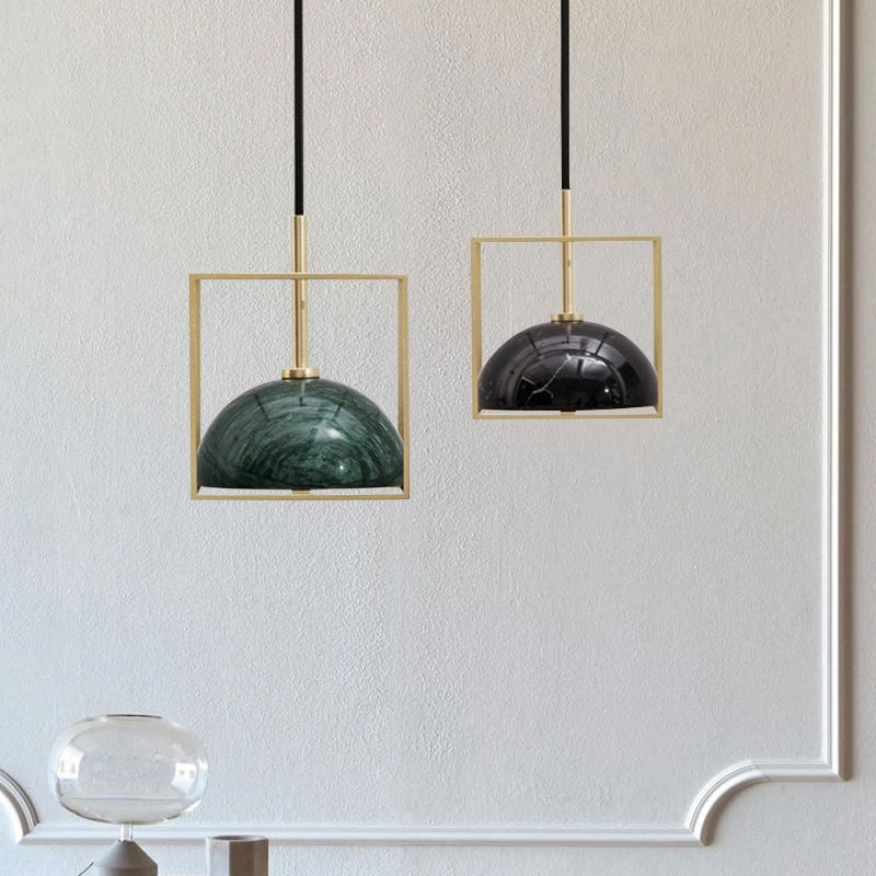 Marble Ceiling Pendant: Nordic Black/White/Green Dome Bedside Down Lighting with Brass Square Frame