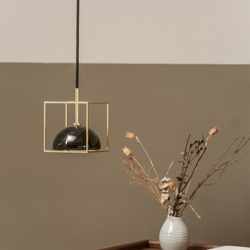 Marble Ceiling Pendant: Nordic Black/White/Green Dome Bedside Down Lighting with Brass Square Frame