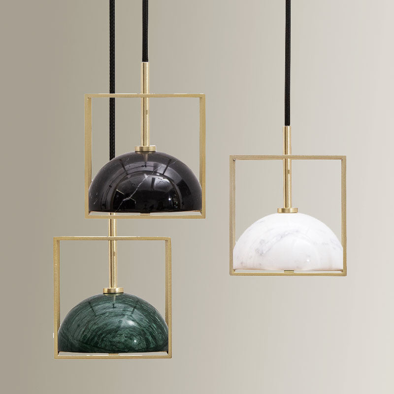 Marble Ceiling Pendant: Nordic Black/White/Green Dome Bedside Down Lighting with Brass Square Frame