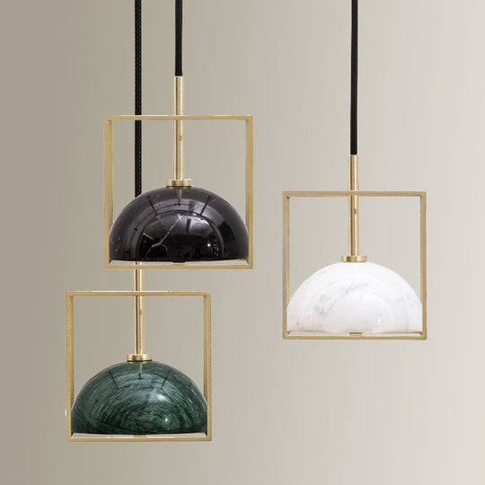 Marble Ceiling Pendant: Nordic Black/White/Green Dome Bedside Down Lighting with Brass Square Frame