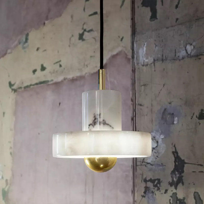 Sleek Minimalist Pendulum Light Marble 1-Bulb Dining Room Pendant in White & Brass