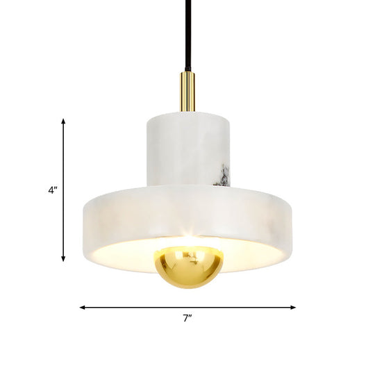 Sleek Minimalist Pendulum Light Marble 1-Bulb Dining Room Pendant in White & Brass