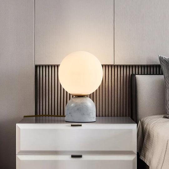 Minimalist Milky Glass Bedside Table Lamp with Marble Pedestal