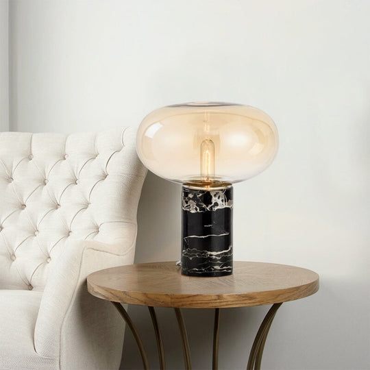 Modern Oval Night Light Grey/Amber Glass Table Lamp with Marble Base in Black