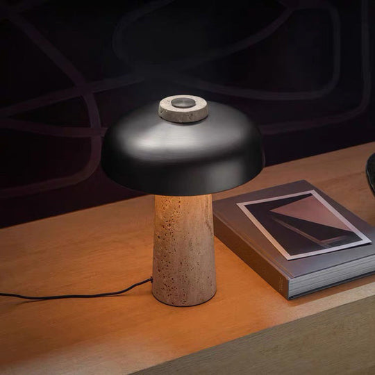Mushroom Shaped Nightstand Lamp – Minimalist Stone Design, 1 Head, Black & Beige
