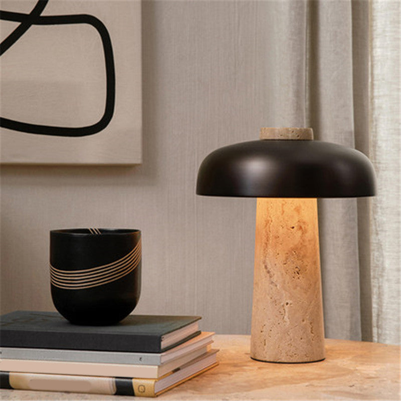 Mushroom Shaped Nightstand Lamp – Minimalist Stone Design, 1 Head, Black & Beige