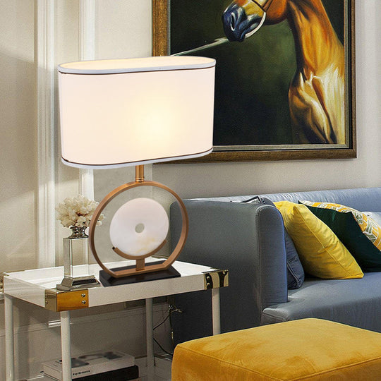 Laura - Ellipse Ellipse Nightstand Light Modern Fabric 1 Light White Table Lamp with Faux Jade Decor