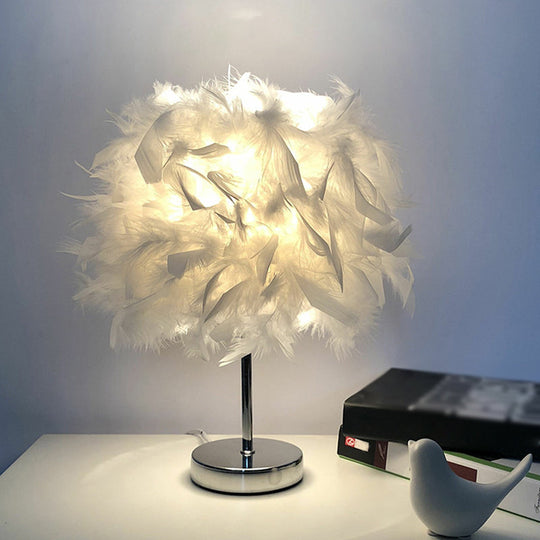 Feathered Ball Table Lamp for Kids Room - 8.5"/10" Wide & Simple Design in White/Chrome