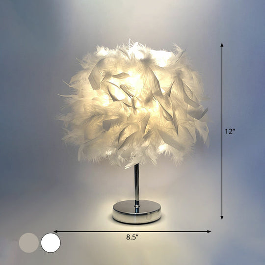 Feathered Ball Table Lamp for Kids Room - 8.5"/10" Wide & Simple Design in White/Chrome