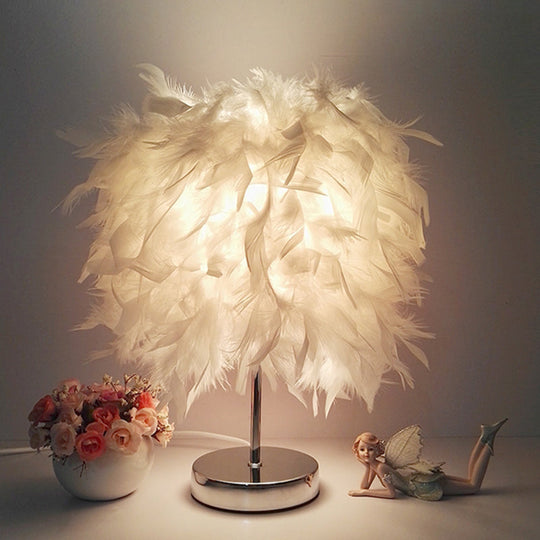 Feathered Ball Table Lamp for Kids Room - 8.5"/10" Wide & Simple Design in White/Chrome